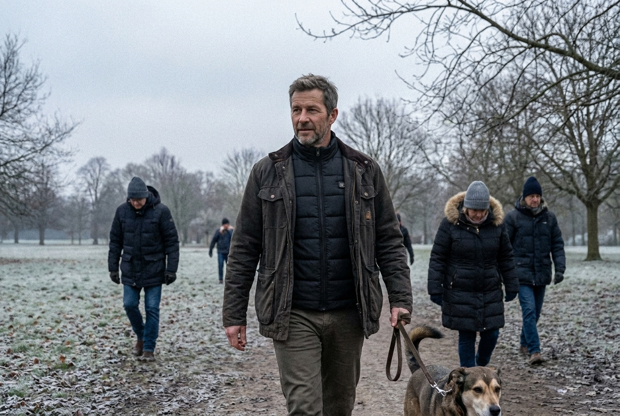 Mann mit beheizter Weste unter der Jacke bei der Hunderunde im frostigen Park